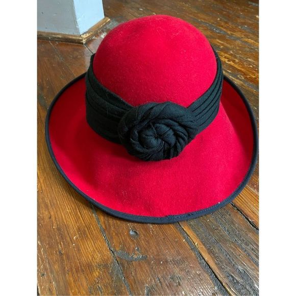 Betmar of New York Red Wool Emma Cloche Bucket Hat, Black Wrapped Scarf - Picture 7 of 9